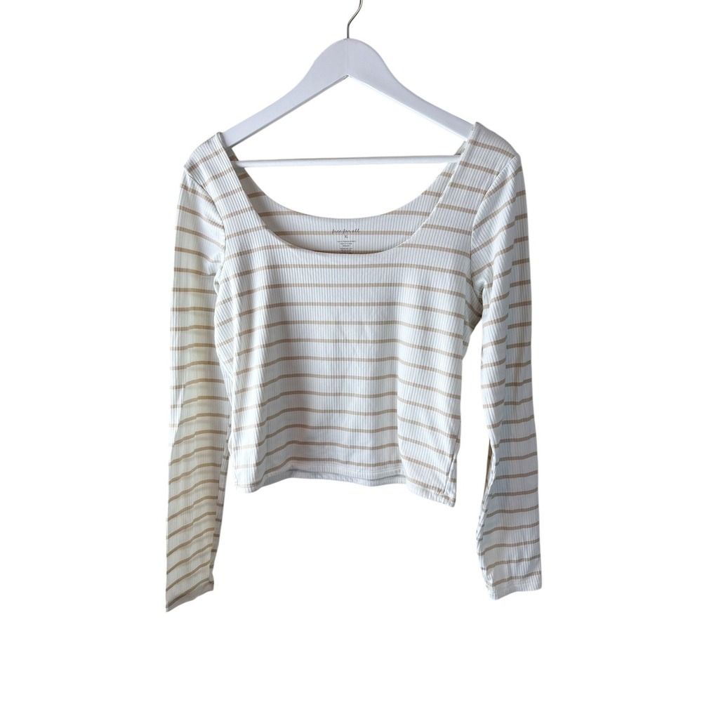 Free People Womens XL Striped‎ Ribbed Long Sleeve Scoop Neck Crop Top White Tan